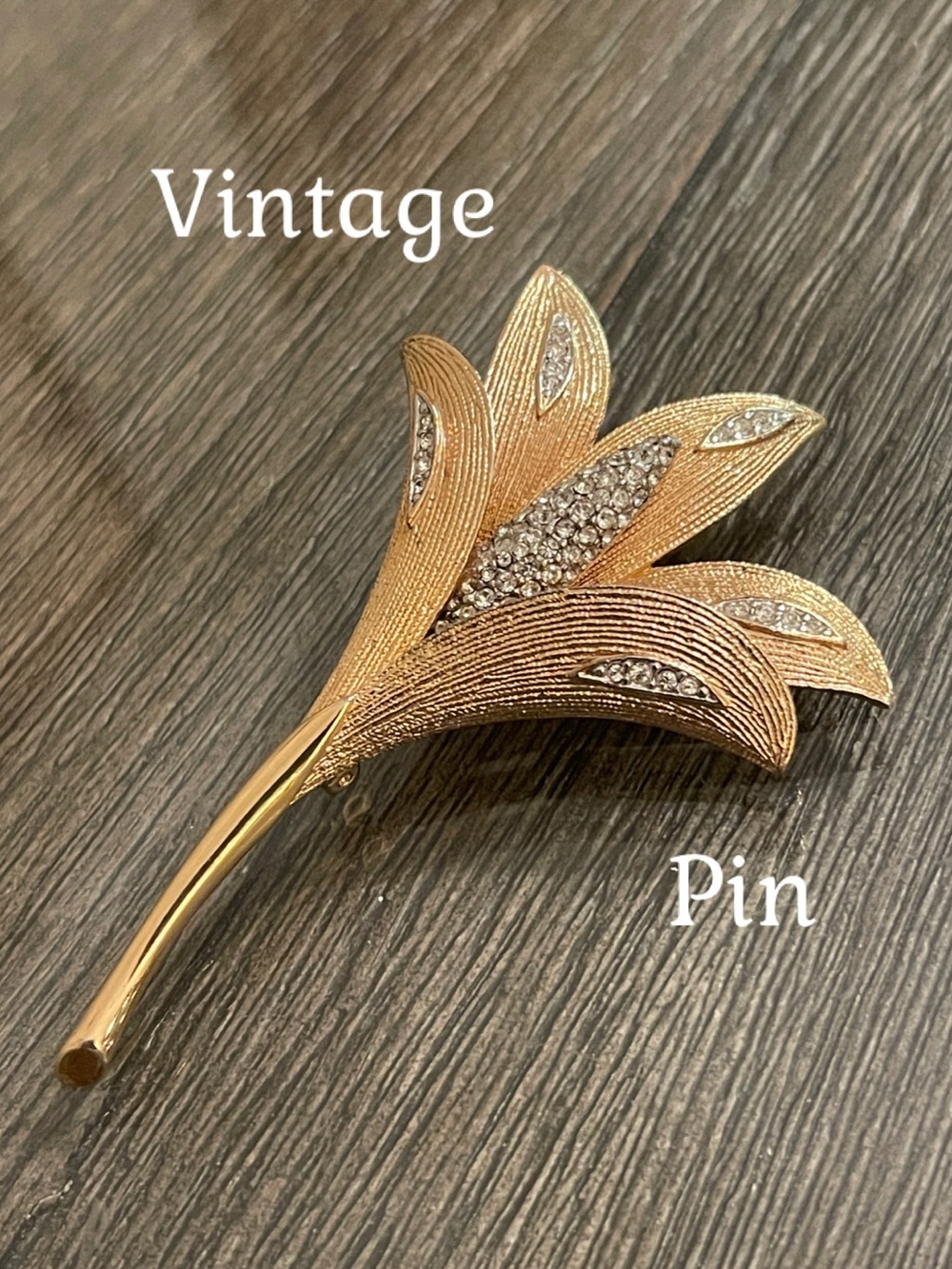 Vintage Textured Gold-Tone Rhinestone Pave Floral Brooch - Unsigned